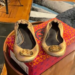 Tory Burch gold ballet slippers, shoe worn four times size 8 1/2